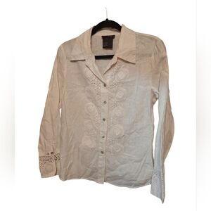 MIST 100% Linen Blouse Embroidered HEM CUFF Details White Ladies small Hippie